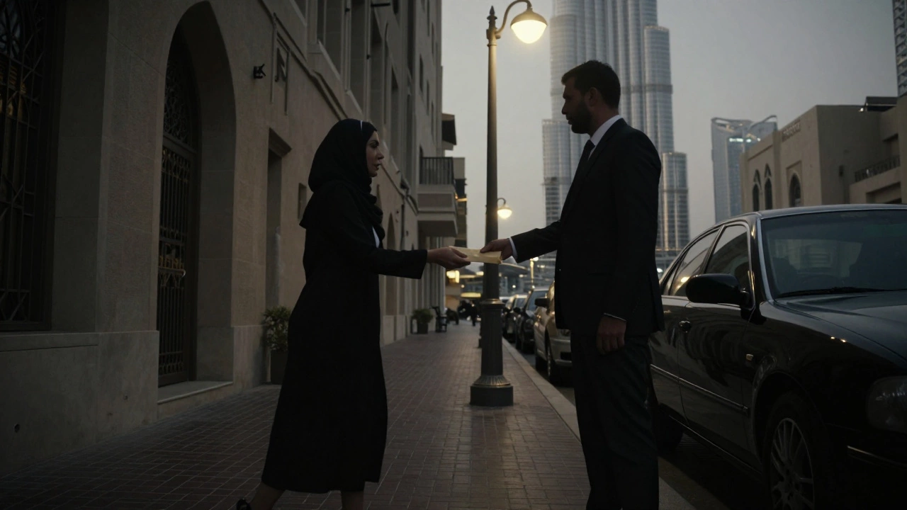 A clandestine meeting in a Dubai alley at night, envelope exchanged under a flickering lamp.
