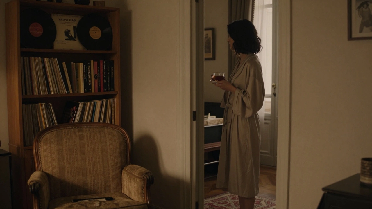 A serene apartment interior in Aix with books, vinyl records, and soft lighting, a woman holding tea near a doorway.