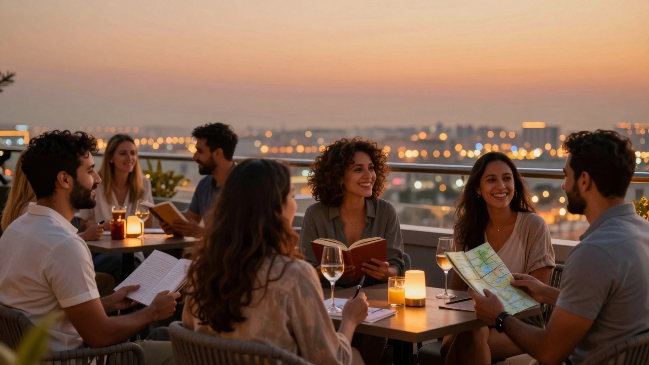 Diverse expats socialize at a Dubai rooftop café at sunset, laughing and connecting over drinks.